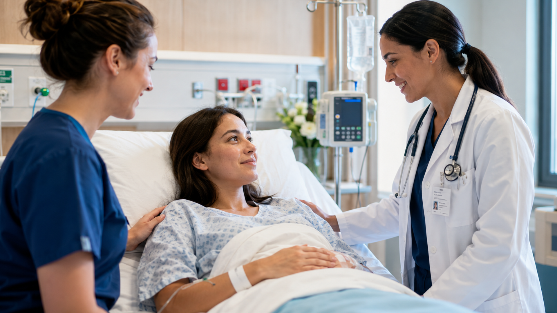 Endometriose-Patientin nach einer Laparoskopie im Spitalbett wird von medizinischen Fachpersonen betreut